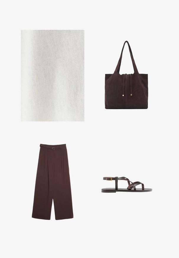 White fabric with a fine, textured weave, showcasing a light, natural color with subtle variations and a soft, delicate appearance.; Stradivarius WIDE-LEG WITH BUCKLE DETAIL - Trousers - dark brown; Brown leather sandal featuring crisscross straps, an ankle buckle closure, and a flat sole with minimal stitching details.; Mango Tote bag - dark brown