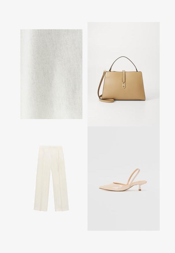 Biela tkanina s jemnou, textúrovanou väzbou, ktorá prezentuje svetlú, prírodnú farbu s jemnými variáciami a mäkkým, krehkým vzhľadom.; Široké nohavice vo svetlej krémovej farbe. Vyrobené z hladkej látky s skladmi vpredu a bočnými vreckami.; Bežové lakované sandále na podpätku so špicatou špičkou a štíhlym, štvorcovým podpätkom. Hladká textúra a minimalistický dizajn bez ozdôb.; Tommy Hilfiger LIBRE SATCHEL - Kabelka - safari
