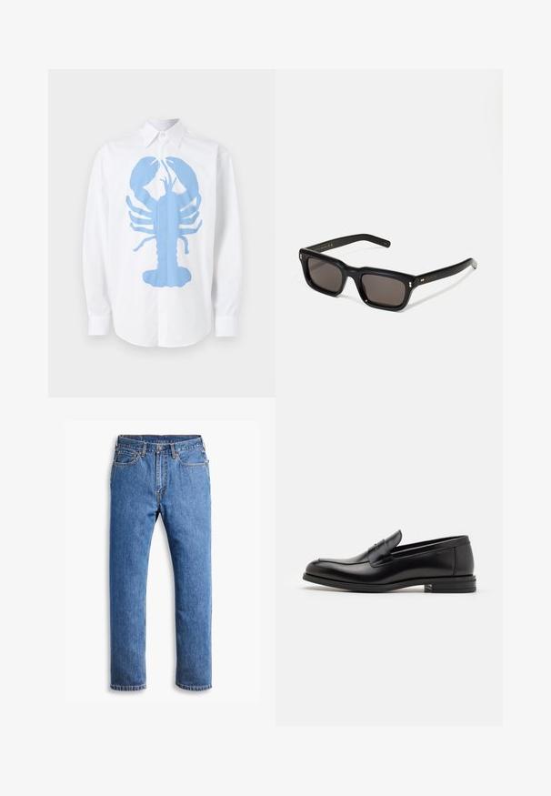 Biela košeľa s dlhým rukávom, na prednej strane s veľkým grafickým motívom modrého homára. Košeľa má klasický golier a gombíkové manžety.; Modré denimové džiny so straight strihom, obsahujúce päť vreciek, zapínanie na gombík a oranžové švy na čistom bielom pozadí.; Čierne kožené mokasíny s hladkou textúrou, zaoblenou špičkou a dekoračným pásikom cez priehlavok. Nízky vrstvený opätok, minimalistický dizajn.; Čierne obdĺžnikové slnečné okuliare s tmavými sklami, hrubým plastovým rámom, zlatými detailami na spánkoch a vygravírovaným logom značky na ramene.