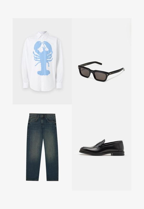 Cămașă albă cu mâneci lungi, care prezintă un grafic mare cu un homar albastru pe față. Cămașa are un guler clasic și manșete cu nasturi.; Jeans din denim de culoare albastru închis, cu un croi drept, design cu cinci buzunare și o textură ușor decolorată pe picioare. Potrivit pentru ținute casual.; Mocasini din piele neagră cu o textură netedă, vârf rotund și o curea decorativă peste partea superioară. Toc mic, design minimalist.; Ochelari de soare negri, rectangul care au lentile întunecate, ramă din plastic gros, accente aurii pe brațe și logo-ul brandului gravat pe mâner.