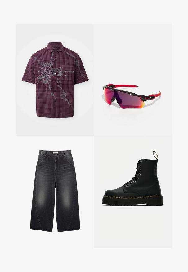 Krátky rukáv, košeľa na gombíky v tmavočervenej a čiernej kockovanej vzore s kontrastným šedým grafickým dizajnom na prednej strane.; Biely bavlnený tielko s okrúhlym výstrihom, širokými ramennými popruhmi a rovnom spodným lemom, ktoré má hladkú textúru a žiadne viditeľné vzory.; PULL&BEAR MEGA BAGGY - Džínsy baggy - black; Čierne kožené členkové topánky na viazanie s masívnou textúrovanou gumovou podrážkou a žltým prešívaním okolo platformy.; Oakley RADAR PATH UNISEX - Slnečné okuliare - 100t matte black