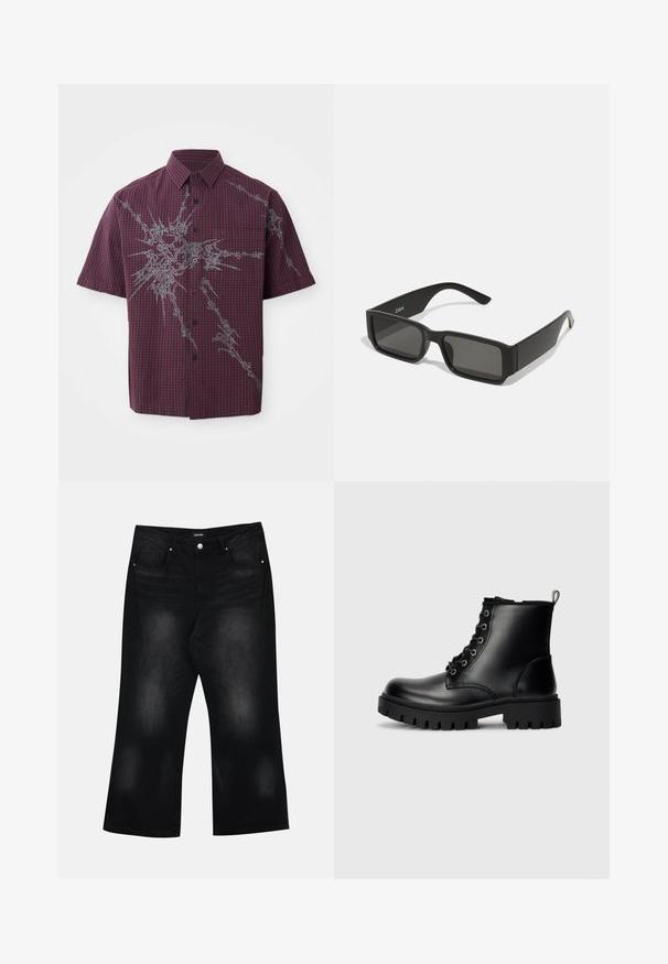 Srajca s kratkimi rokavi, z gumbi, v temno rdeči in črni karirani vzorec, s kontrastnim sivo grafiko na sprednji strani.; Črne široke kavbojke iz denima, z dvema sprednjima žepoma, subtilnim bledenjem in gumbom za zapiranje v pasu.; Črne usnjene gležnjarje z okroglo konico, zavezovanjem in trdim debelim podplatom. Imajo zanko za pomoč pri obuvanju na peti in srebrne dodatke.; Črne sončne očala z pravokotnimi lečami, mat plastični okvir in ravne robove. Izdelki imajo logotip blagovne znamke na notranji strani ročaja.