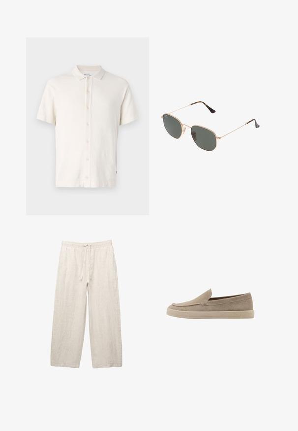 Polo majica s kratkim rukavima u boji blijedo bijele, s teksturiranim materijalom, zatvaranjem na gumbe i tipičnim dizajnom ovratnika. Jednostavan i svestran stil.; Linen hlače u svijetlo bež boji, s elastičnom strukom i užetom, širokog kroja, i bočnim džepovima. Glatka tekstura.; Bež ante stare cipele s zaobljenim vrhom, niskim profilom i teksturiranim završetkom. Ima suptilno šavlje uzduž gornjeg dijela.; Naočale s metalnim okvirom u zlatnoj boji i tamnozelenim lećama, avijatičarskog stila, sa tankim drškama i kornjačevim naglascima na vrhovima.