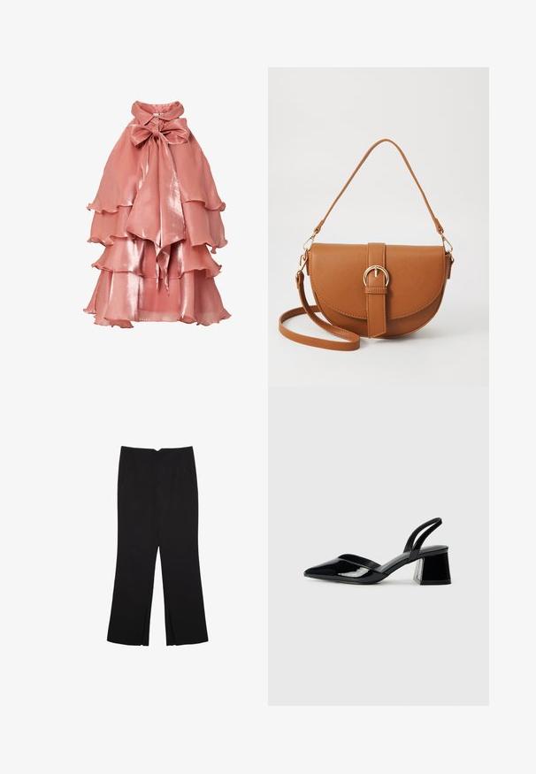 Różowa sukienka wykonana z błyszczącego materiału, z warstwowym kołnierzykiem, wysokim kołnierzem oraz dużą kokardą przy szyi.; Czarne spodnie o prostym kroju, z przednimi kieszeniami i bocznymi rozcięciami na dole. Wykonane z miękkiego, gładkiego materiału. Odpowiednie na różne okazje.; Czarne lakierowane półbuty na obcasie z wydłużonym noskiem i geometrycznym słupkiem. Charakteryzują się eleganckim, minimalistycznym designem oraz gładką fakturą.; Brązowa skórzana torba na ramię o zaokrąglonym kształcie, ze złotymi akcentami i zapięciem w formie klamry. Posiada odpinany pasek na ramię.