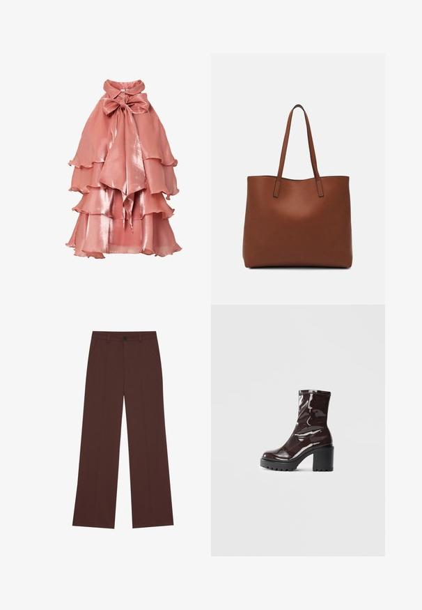 Ružovo-pink šaty z lesklého materiálu, s vrstveným volánkovým dizajnom, vysokým golierom a veľkou mašľou na krku.; Široké nohavice z bohatého hnedého materiálu. Majú zapínanie na gombík, dve predné vrecká, hladkú textúru a čisté línie.; Lesklé burgundské kotníkové boty s robustním černým podpatkem, s hladkou strukturou a jednoduchým designem. Bez viditelných zapínání nebo vzorů.; Hnedá kožená taška na rameno s hladkou textúrou, otvoreným vrchom a dvoma ramenými popruhmi. Má minimálne šitia a žiadne viditeľné kovania.