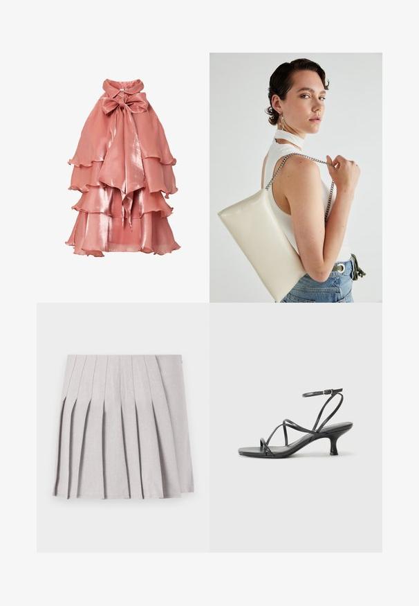 Rosafarbene Kleid aus glänzendem Stoff, mit einem geschichteten Rüschendesign, hohem Kragen und großem Schleifenverschluss am Hals.; Grauer plissierter Rock mit glatter Textur, der mehrere vertikale Falten und eine taillierte Taille aufweist. Hergestellt aus leichtem Stoff.; Schwarze Absatzsandalen mit dünnen Riemen, offenem Zehenbereich und einem kleinen, ausgestellten Absatz. Das Material wirkt glatt und glänzend.; Weiße rechteckige Clutch aus glänzendem Material mit einem silbernen Kettenriemen. Das Model posiert und präsentiert die Tasche vor einem schlichten Hintergrund.