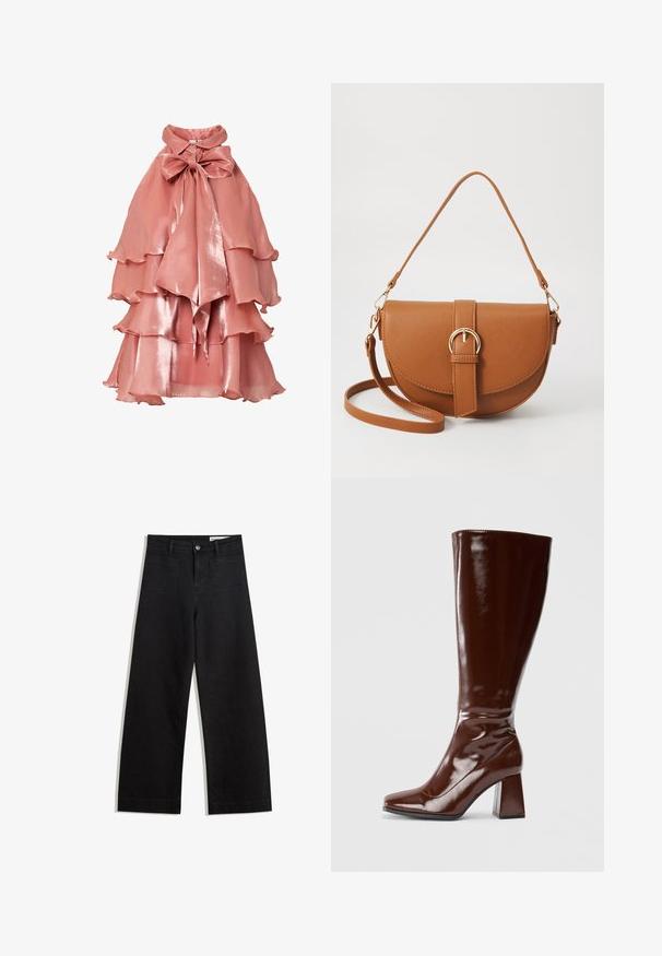 Rosa pink kjole lavet af skinnende stof, med et lagdelt flæse-design, høj krave og stor sløjfe ved halsen.; Sorte wide-leg denim bukser med høj talje, der har front- og baglommer, syede sømme og en knaplukning. Glat tekstur.; Knæhøje brune patentlæderstøvler med firkantet tå, glansfuld finish og en kraftig hæl for stabilitet. Sømløs design uden synligt hardware.; Brun læder crossbody taske med en buet form, guldfarvet hardware og en spændeaccent. Har en aftagelig skulderrem.