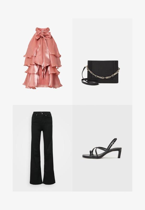 Rosa pink kjole lavet af skinnende stof, med et lagdelt flæse-design, høj krave og stor sløjfe ved halsen.; Sorte flared jeans lavet af denim, med høj talje, fem lommer og metalknaplukning. Glat tekstur med minimal dekoration.; Sort remsandale med firkantet tå og en lav blokeret hæl. Har flere tynde stropper og en justerbar ankelrem. Fremstillet af glat læder.; Sort læder crossbody taske med en glat tekstur, rektangulær form og en metallisk kæde detalje foran. Justerbar skulderrem inkluderet.