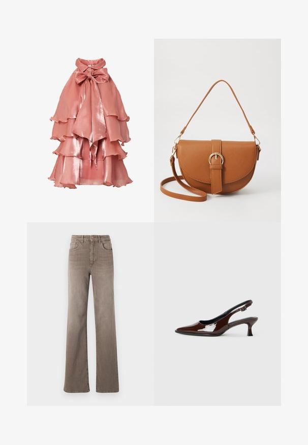 Ružovo-pink šaty z lesklého materiálu, s vrstveným volánkovým dizajnom, vysokým golierom a veľkou mašľou na krku.; Hnedé high-waist rovné džínsy so zapínaním na prednej strane, pútkami na opasok a klasickým dizajnom s piatimi vreckami na bielom pozadí.; Hnedá lakovaná slingback obuv s špicatou špičkou a mierne vysokým opätkom. Obsahuje pracku pre bezpečné upevnenie. Hladká textúra.; Hnedá kožená kabelka cez telo s zakriveným tvarom, zlatými kovovými doplnkami a akcentom s prackou. Obsahuje odnímateľný ramenný popruh.