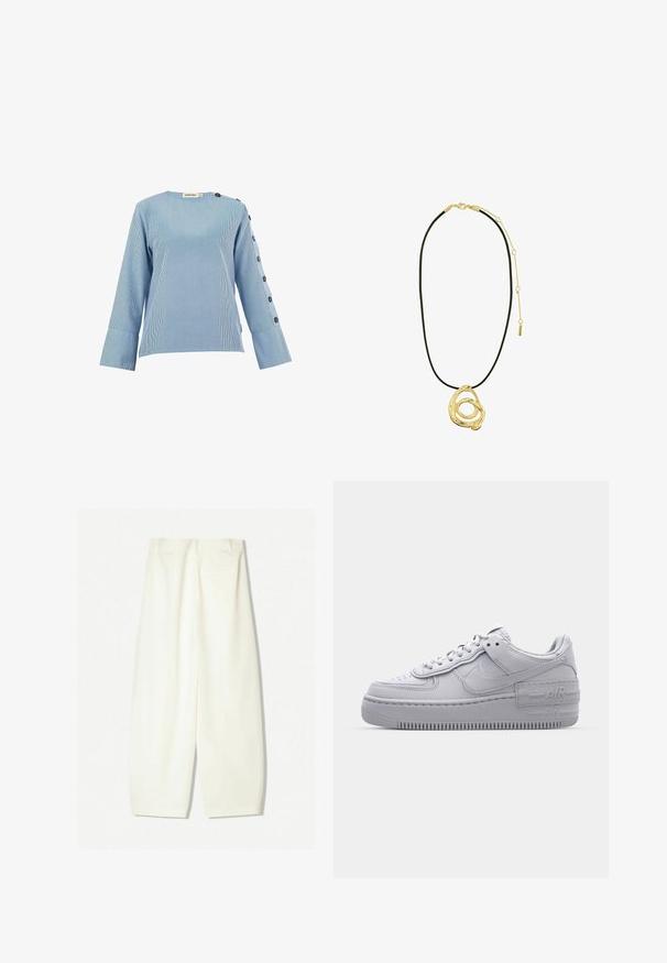 Blusa a righe blu e bianche con scollatura rotonda, maniche lunghe e dettagli con bottoni lungo il lato sinistro. Realizzata in tessuto leggero.; Pantaloni a gamba larga in un morbido tessuto crema, caratterizzati da una texture liscia, tasche frontali e una vestibilità morbida con una vita di altezza media.; Sneaker Nike Air Force 1 grigia con punta perforata, tomaia in pelle liscia, suola spessa e dettaglio 'AIR' in rilievo sul tallone.; Pilgrim UNFOLD - Collana - gold