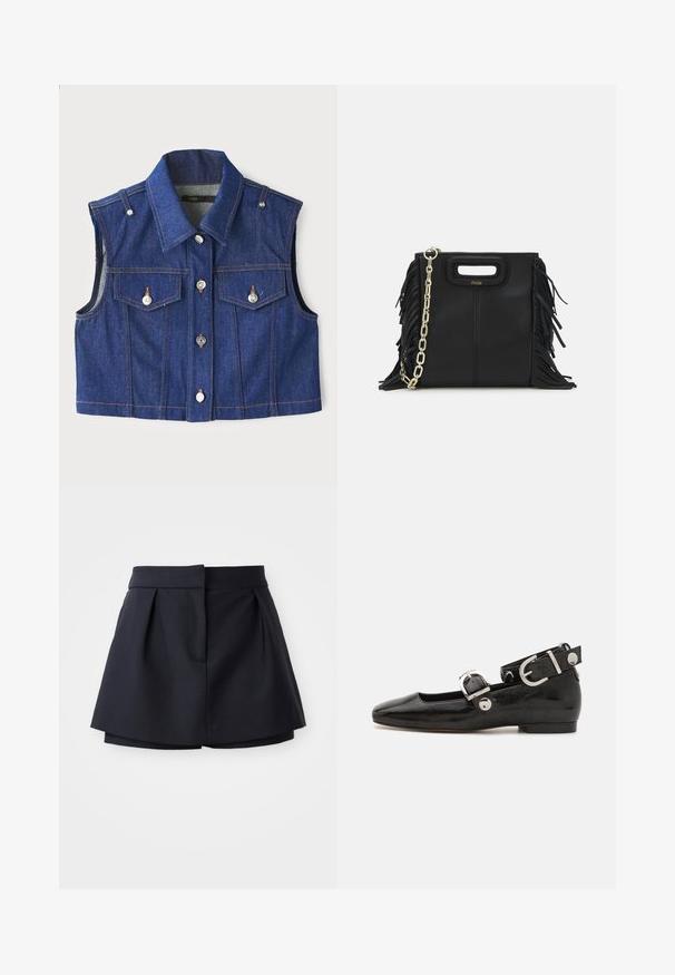 Blue denim sleeveless vest with a pointed collar, metal snap buttons, dual chest pockets, and contrasting orange stitching.; Navy ribbed polo shirt featuring a pointed collar, short sleeves, and two front pockets with snap buttons; highlighted with white stitching accents.; Navy pleated shorts with a high waist, made from smooth fabric. Features a fitted design and hidden front pocket.; Black patent leather flat shoe with a squared toe, ankle strap featuring silver hardware, and flat sole. Smooth texture with minimalist design.; Black leather handbag with fringe details, gold chain shoulder strap, and a cut-out handle. Features logo placement on the front.