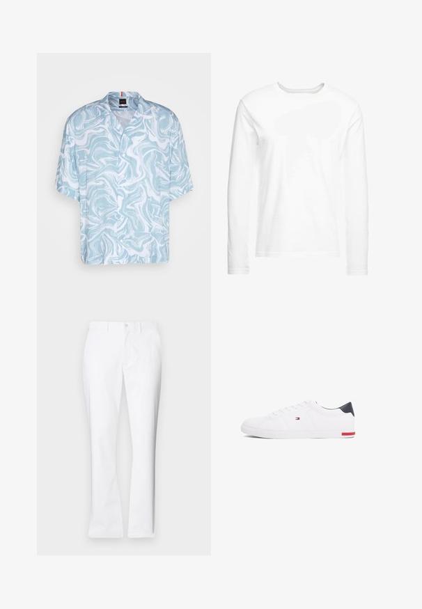 Camicia a maniche corte con bottoni di colore azzurro chiaro, decorata con un motivo bianco a spirale, realizzata in tessuto morbido. Presenta un colletto classico e una vestibilità rilassata.; T-shirt bianca a maniche lunghe realizzata in morbido cotone. Collo a girocollo con orli dritti e senza motivi o grafiche visibili.; Pantaloni di cotone bianchi con un design a gamba dritta, tasche frontali, chiusura con un bottone e una texture liscia.; Sneakers bianchi a punta bassa realizzati in pelle liscia. Presentano una tomaia blu navy sul tallone e un accento rosso sulla suola. Sei occhielli per i lacci.