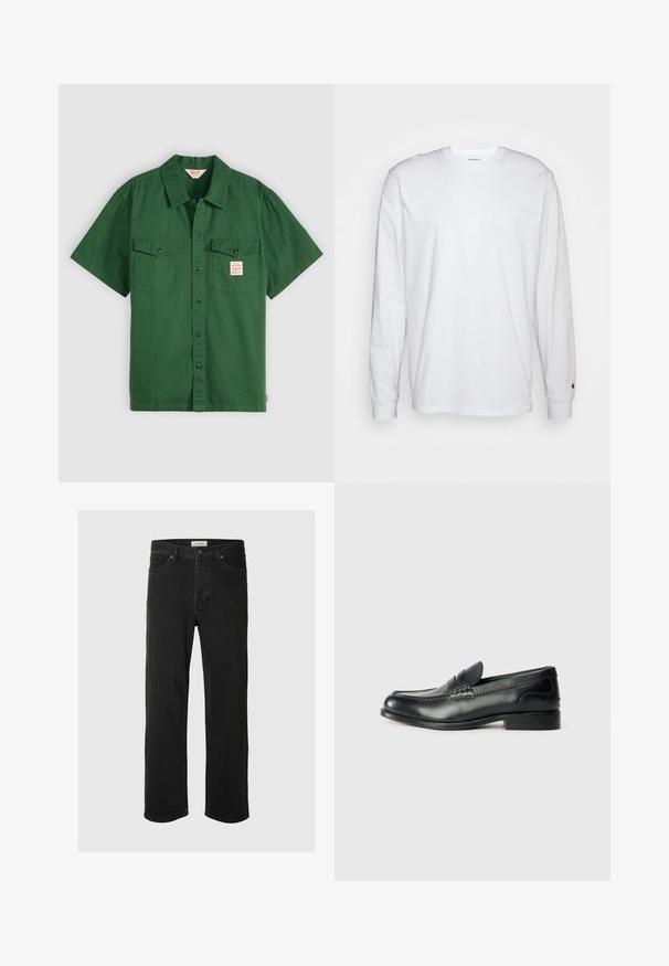 Chemise en coton verte à manches courtes avec des boutons sur le devant, deux poches poitrine et une petite étiquette sur la poche gauche. Unie, sans motifs.; T-shirt blanc à manches longues en coton. Design à col rond avec des poignets côtelés et un petit logo sur la manche gauche. Texture lisse.; Des jeans en denim noir à coupe droite disposent d'un design classique à cinq poches avec fermeture à bouton, de coutures minimales et d'une texture douce.; Mocassins en cuir noir avec une finition lisse, des détails cousus sur le devant et un talon légèrement surélevé.