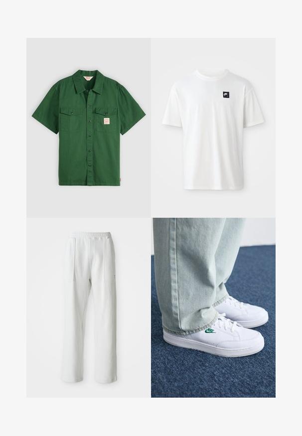 Camisa de algodão verde de mangas curtas com frente abotoada, dois bolsos no peito e um pequeno rótulo no bolso esquerdo. Lisa, sem padrões.; T-shirt branca em algodão com mangas curtas e decote redondo; apresenta um pequeno logótipo retangular preto da Nike Air no lado esquerdo do peito.; Calças brancas casuais com um cós elástico e grandes bolsos frontais, exibidas sobre um fundo claro e liso.; Tênis de couro brancos com logo verde da Nike, bico redondo, sola plana, combinados com calças de denim azul claro, exibidos sobre um tapete azul.