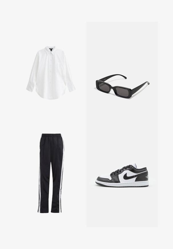 New Look Camicia - white; Pantaloni sportivi neri con strisce laterali bianche, cinturino elastico e patch con logo. Realizzati in tessuto morbido e leggero. Design a gamba dritta.; Le sneaker Nike a basso profilo in bianco e nero presentano una tomaia in pelle liscia, punta rotonda, chiusura con lacci e una suola in gomma con un motivo.; Occhiali da sole neri rettangolari con lenti scure, finitura lucida, aste larghe e design della montatura spessa. Nome del marchio inciso su un'asta.