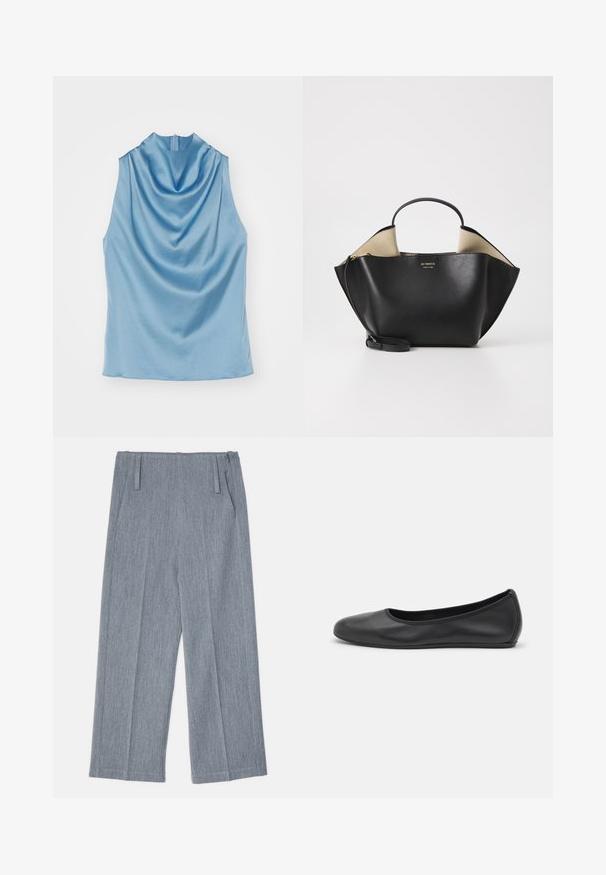 Hihaton yläosa vaaleansinisestä satiinista, jossa on korkea kaulus ja laskostus. Takana vetoketjukiinnitys ja sileä pinta.; Vaaleanharmaat, leveälahkeiset housut, jotka on valmistettu tekstuurilla varustetusta kankaasta. Housuissa on kaksi etupurjeet ja kaksi sivutaskua. Siisti, räätälöity muotoilu.; Musta nahkainen ballerina, jossa on pyöristetty kärki, sileä pinta, minimaalinen ommelkoristelu ja joustava pohjamuotoilu.; Ree Projects ANN TOTE MINI - Käsilaukku - black