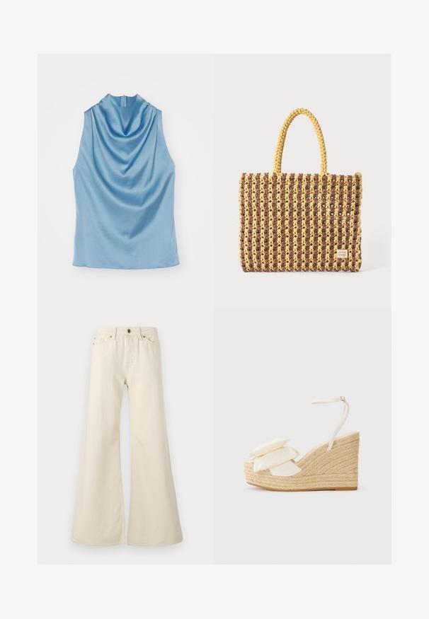 Ärmös topp i ljusblå satin med hög hals och draperingsdetalj. Bakre dragkedjestängning och slät textur.; Ljusbeiga utsvängda jeans i bomull. Har hög midja, fem fickor och en knappstängning med kontrasterande sömmar.; Kilklackssandal med en naturlig juteplattform, ovandel i krämfärgad tyg och två lager av blommor; har en tunn ankelrem med spänne.; Vävd väska i brunt och gult, med rektangulär form, två handtag och en texturerad yta med synliga sömmar och ett varumärkesmärke.