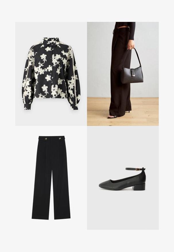Black shirt with white floral embroidery, collared design, button front, and puffed long sleeves featuring lace trim on side seams.; Black wide-leg trousers with high waist, button details on waistband, and front pleats.; Black leather pump with a pointed toe and a low block heel. Features an ankle strap with a gold-tone buckle. Smooth texture.; Black handbag with structured shape, smooth texture, and a metallic clasp. Paired with wide black pants and open-toe sandals on wooden floor.
