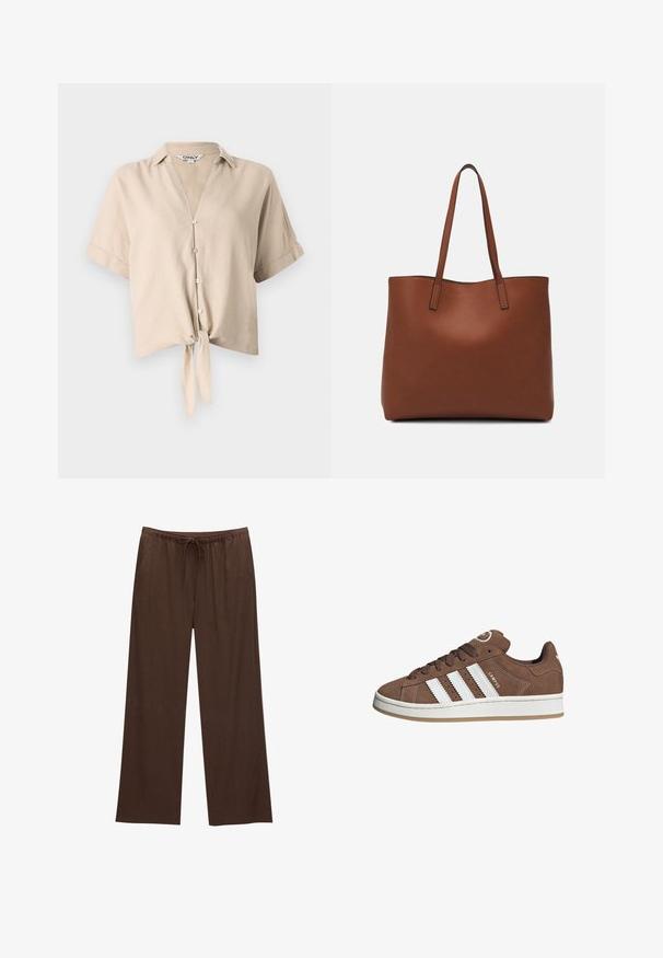 Beige verkürztes Shirt mit kurzen Ärmeln, einem vertikalen Kragen, Knopfverschluss und einem gebundenen Knoten-Detail vorne. Aus leichtem Stoff gefertigt.; Braune weite Hosen aus weichem Stoff, mit einem elastischen Bund und Kordelzug sowie zwei Seitentaschen.; Braune Wildledersneaker mit weißen Lederstreifen, Gummisohle, gerundetem Zehenbereich und Schnürung. Mit einem Logo auf der Zunge und perforierten Akzenten.; Braune Leder-Tote mit glatter Textur, offenem Oberteil und zwei Schulterriemen. Verfügt über minimale Nähte und keine sichtbaren Beschläge.
