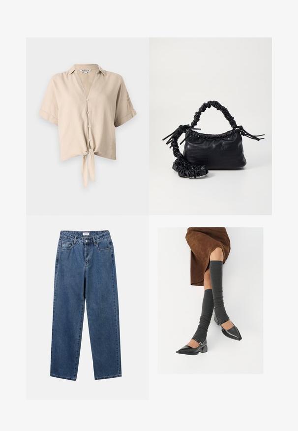 Beige cropped ing rövid ujjal, függőleges gallérral, gombos záródással és elöl megkötött részlettel. Könnyű anyagból készült.; Klasszikus kék farmernadrág egyenes szárú dizájnal, öt zsebbel és gombos zárással. Közepes mosású és strapabíró textúrával rendelkezik.; Fekete lakk bőrből készült, hegyes orrú cipők, tömbsarkúakkal és bokapánttal, szürke bordás lábszármelegítőkkel és barna velúr szoknyával párosítva.; Fekete műbőr kézi táska krokodil bőr textúrával, összehúzható tetejű és gyűrt pánttal. Lágy és kompakt dizájnúnak tűnik.