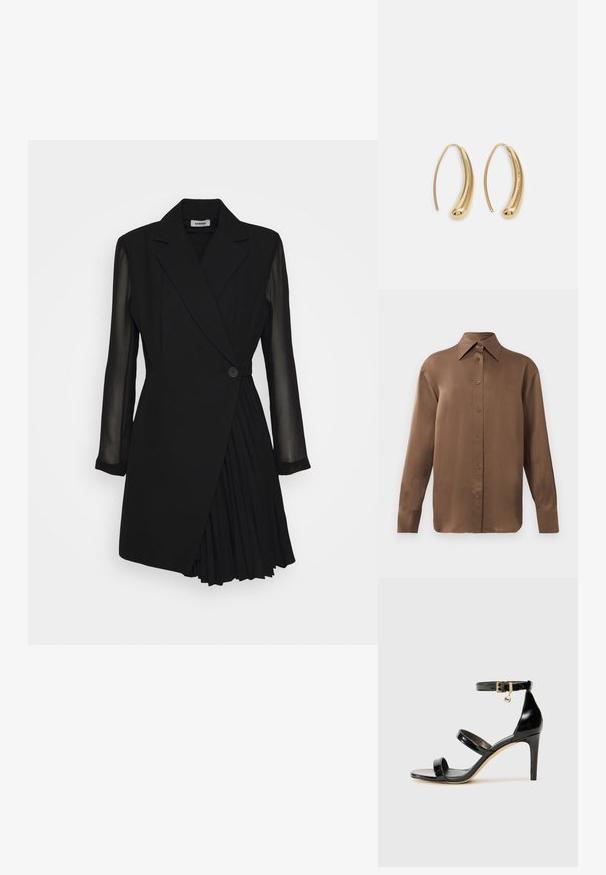 Kahvi pitkähihainen napitettava paita, jossa on terävä kaulus ja hihansuut, esillä yksinkertaisen valkoisen taustan edessä.; Musta räätälöity mekko, jossa on bleiserityylinen yläosa, läpikuultavat pitkät hihat, yksittäinen nappisulku ja pleated-hameen yksityiskohta.; Musta patentoitu nahkasandaali, jossa on kolme hihnaa, nilkkasolki ja 4 tuuman stiletto-korko. Varustettu kultaisilla yksityiskohdilla ja logokoristeella.; Musta nahkainen olkalaukku, jossa on kaksi etutaskua, kultaiset soljet, vetoketjukiinnitys ja kapea hihna. Teksturoidun pinnan ja kompaktin suorakaiteen muoto.; Korvakorut kultasävytteistä metallista, joissa on kaareva, pitkänomainen muoto. Ominaisuuksiin kuuluu sileä, kiiltävä pinta ja pyöreä kärki lisäyksinä.