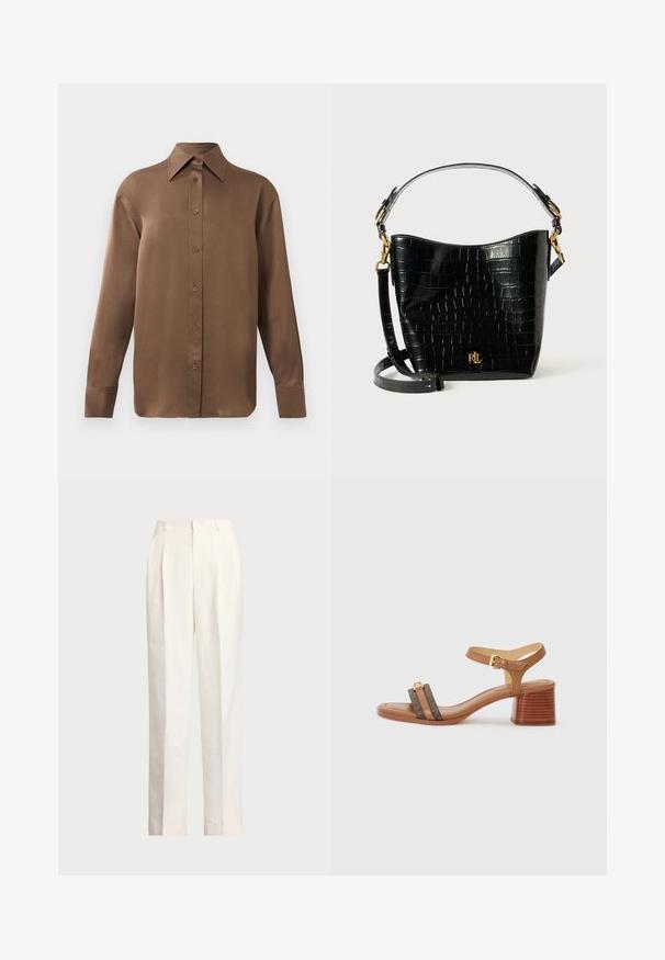 Brązowa, długosleeve koszula z guzikami, z ostrym kołnierzykiem i mankietami, prezentowana na jednolitym białym tle.; Polo Ralph Lauren - Spodnie materiałowe; Beżowe sandały na obcasie ze kwadratowym noskiem, dwoma ciemnobrązowymi paskami i złotą klamrą. Posiadają obcas w kształcie bloku oraz gładką skórzaną teksturę.; Czarna torba ze skóry z tłoczeniem w krokodylą skórę o zaokrąglonym kształcie, z akcentami ze złotego metalu, regulowanym paskiem oraz detalem logo z przodu.