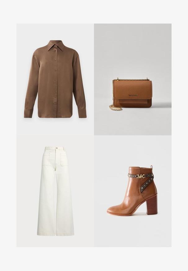 Rjav dolg rokav s srajco s gumbi in koničastimi ovratniki in manšetami, prikazana na enostavni beli podlagi.; Široke jeans hlače v off-white denim tkanini. Visok pas z gumbnim zapiranjem, dvema sprednjima žepoma in detajli kontrastnega šivanja.; Rjavi usnjeni gležnjarji z blokastim petami, stransko zanko z zlatimi zakovicami in z zlatim sponko z logotipom "MK".; Rjava teksturirana usnjena torba čez ramo z zlatim verižnim trakom in zapiranjem na pokrov. Spredaj je vidna podrobnost logotipa in žep pod pokrovom.