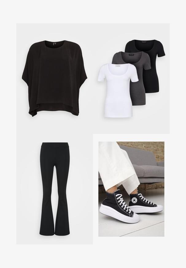 Top negro de corte holgado con cuello redondo, mangas cortas y una tela texturizada. El dobladillo es ligeramente más largo en la parte posterior.; Tres camisetas ajustadas en blanco, gris y negro. Cada una cuenta con un escote amplio y mangas cortas. Están hechas de una tela suave y elástica.; Pantalones negros de campana hechos de una tela elástica, con una cintura alta y una textura suave. Los pantalones se ensanchan desde la rodilla.; Zapatillas altas de lona negra con suelas y cordones de goma blanca. Presentan un logo circular en el lateral y costuras blancas en contraste.