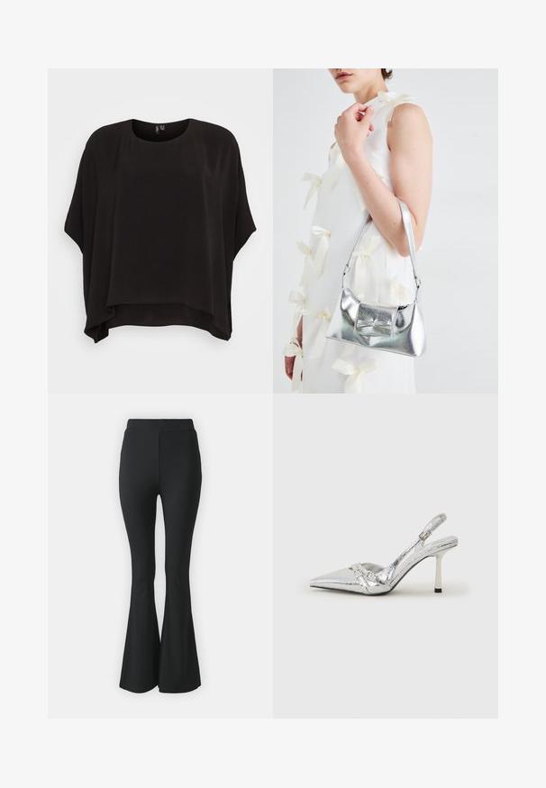 Svart, romslig topp med rund hals, korte ermer og teksturert stoff. Sømmen er litt lengre bak.; Svarte vide bukser laget av elastisk stoff. Har høy midje og en glatt, tettsittende design som vidder ut fra kneet og nedover.; Sølv slingback høyhelte sko med spiss tå, metallisk finish, to dekorative stropper, og en slank hæl med svart tupp.; Sølvmetallisk håndveske med en strukturert form, med en topphåndtak og sløyfedetalj foran. Glatt tekstur, reflekterende overflate.