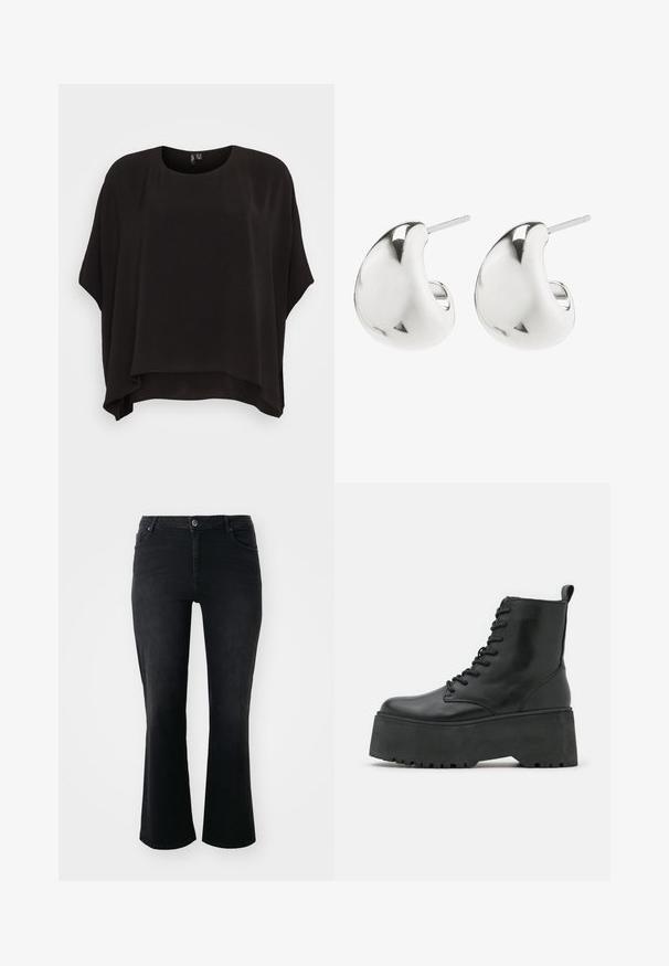 Top nero, morbido e svasato, con scollatura rotonda, maniche corte e tessuto testurizzato. L'orlo è leggermente più lungo sul retro.; Jeans in denim nero con vita a media altezza, bottone frontale, due tasche anteriori, due tasche posteriori e gamba svasata.; Stivaletti neri con suola platform spessa, realizzati in pelle liscia, con un design alla schiava e una linguetta sul retro.; Orecchini a perno in argento con un design liscio e curvo. Presentano una finitura lucida e un fermo a perno per un indossamento sicuro.