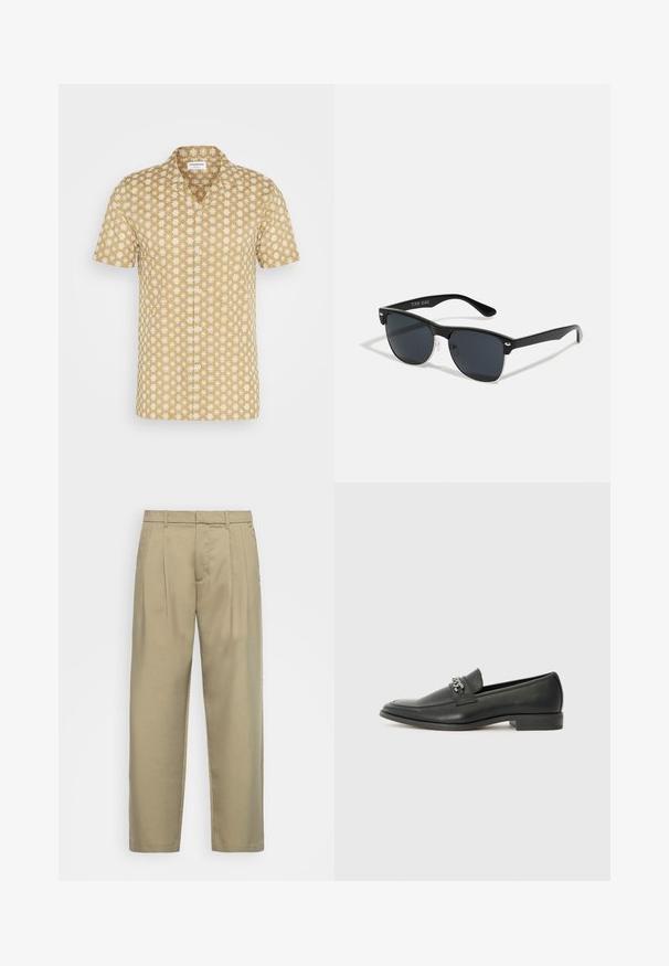Korte mouwen shirt in beige met een bloemenpatroon in het wit. Gemaakt van lichte stof, met een klassieke kraag en knoopsluiting.; Beige, hoge taille broek met een rechte snit, voorzien van een platte voorkant, zijzakken en een gladde, gestructureerde stof.; Zwarte leren instapper met een gladde afwerking, voorzien van een gestikt ontwerp en een decoratieve metalen kettingaccent over de wreef. Platte hak.; Zwarte zonnebril met een rechthoekige vorm, donkere lenzen, zilveren accenten bij de slapen en een matte afwerking op het montuur.