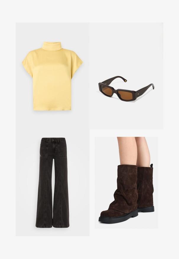 DRYKORN ALARIA - Blůza - yellow; Černé široké džínové kalhoty s vysokým pasem, předními kapsami a tonálními švy podél švů.; Hnědé semišové kozačky po lýtka s černými gumovými podrážkami nošené na nahých nohách, s mírným pomačkáním na nohavicích.; Hnědé obdélníkové sluneční brýle s tmavě hnědým plastovým rámem. Mají hnědé zabarvené čočky a zlatý akcent na stranici.