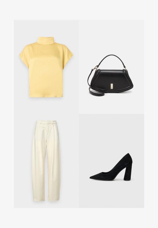 DRYKORN ALARIA - Pusero - yellow; Pleated, korkeavyötäröiset housut vaalean kerma värisestä kankaasta. Ominaisuuksina suora leikkaus ja sileä pinta. Ilman taskuja tai näkyviä kiinnikkeitä.; Musta mokka korkokenkä, jossa on terävä kärki ja paksu korko. Tyylikäs muotoilu, suloinen tekstuuri ja minimalistinen tyyli. Ei näkyvää brändäystä.; Mustalla nahkalaukulla, jossa on jämäkkä muotoilu, lyhyt malli, yläkahva ja kultaiset yksityiskohdat. Säädettävä olkahihna sisältyy.