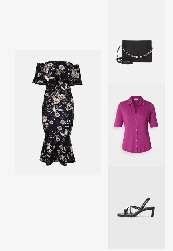 Camică fucsia cu mânecă scurtă și guler, cu închidere cu butoane în față și o textură fină, ușoară.; Rochie maxi off-the-shoulder în nuanță de navy cu un model floral alb și auriu. Siluetă aderentă cu margine evazată, fabricată dintr-un material neted și elastic.; Sandal cu barete negre, cu vârf pătrat și toc mic de bloc. Prezintă mai multe barete subțiri și o bareta ajustabilă la gleznă. Fabricat din piele netedă.; Geantă de umăr din piele neagră, cu o textură netedă, formă rectangulară și un detaliu din lanț metalic în față. Include curea reglabilă.