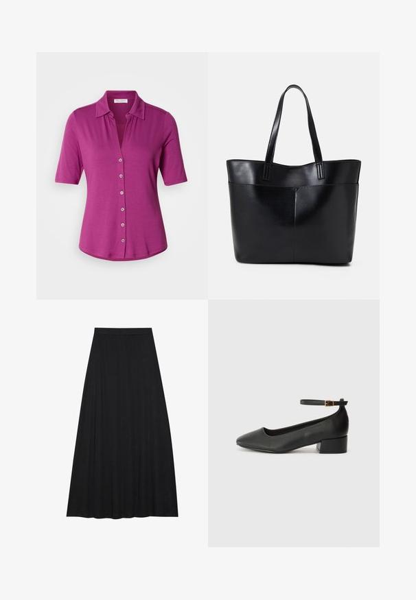 Camisa corta de manga corta fucsia con collar, que presenta un cierre de botones en el frente y una textura suave y ligera.; Falda maxi negra fabricada en una tela suave y fluida. Presenta una cintura elástica y una silueta amplia en forma de A con una textura lisa.; Zapato de tacón negro de cuero con punta afilada y tacón bajo cuadrado. Presenta una correa para el tobillo con una hebilla en tono dorado. Textura suave.; Bolso tote de cuero negro con dos asas largas, textura suave y forma estructurada. Cuenta con un bolsillo frontal para almacenamiento adicional.