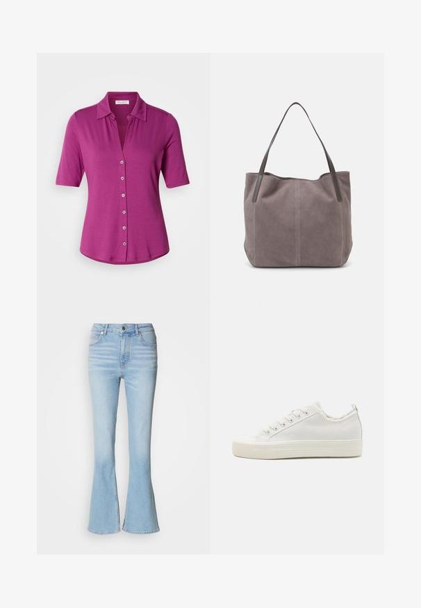 Fuchsia short-sleeve shirt with a collar, featuring a button front and a smooth, lightweight texture.; Light blue flared jeans made of denim with a high waist, featuring subtle fading and a standard zip-fly closure.; White canvas sneakers with a textured upper, round toe cap, flat sole, and lace-up front. Features a slightly frayed collar and pull tab.; Gray suede tote bag with two dark leather handles. Features stitched detailing on the sides, soft texture, and a spacious opening.