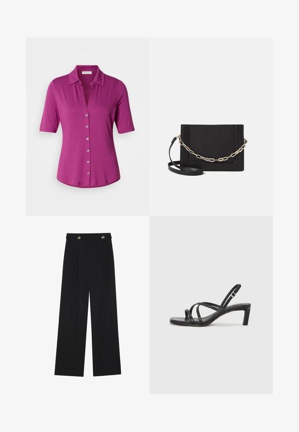Fuchsia short-sleeve shirt with a collar, featuring a button front and a smooth, lightweight texture.; Black wide-leg trousers with high waist, button details on waistband, and front pleats.; Black strappy sandal with a square toe and a low block heel. Features multiple thin straps and an adjustable ankle strap. Made of smooth leather.; Black leather crossbody bag featuring a smooth texture, rectangular shape, and a metallic chain detail on the front. Adjustable strap included.