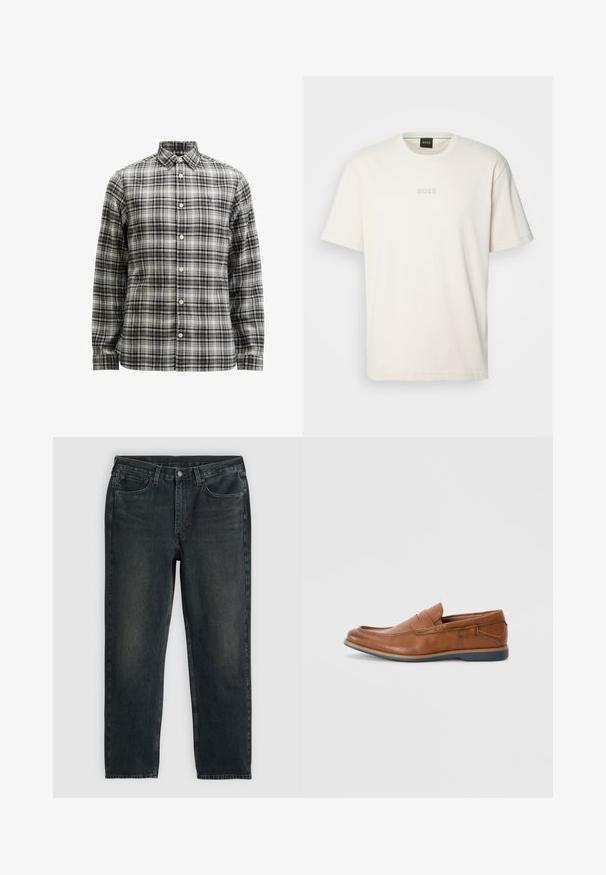 Camicia a maniche lunghe a quadri nei colori grigio, nero e bianco. Presenta chiusura con bottoni, un colletto classico e una texture morbida.; BOSS TEE - T-shirt basic - open white; Jeans in denim nero con taglio dritto, design a cinque tasche e dettagli di sbiadimento sottili. Presentano una chiusura con bottone e cerniera.; Mocassini in pelle marrone con punta tondeggiante, dettagli cuciti e suola in gomma bassa. Il design presenta una banda sulla parte superiore.