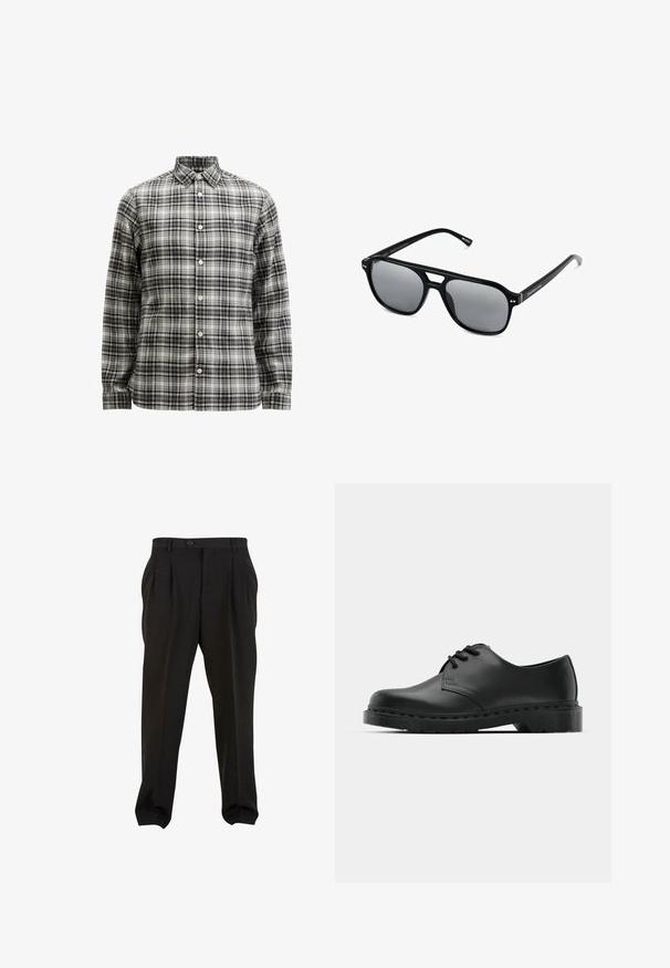 Koszula z długim rękawem w kratę w odcieniach szaro-czarnych i białych. Posiada zapięcie na guziki, klasyczny kołnierzyk oraz miękką teksturę.; Czarne spodnie z gładkiego materiału, z kieszeniami z przodu, zapinane na guzik w pasie i zwężanymi mankietami przy kostkach. Klasyczny sylwetka w stylu szytym na miarę.; Czarne skórzane półbuty oxford z zapięciem na sznurowadła, zaokrąglonym noskiem, płaską gumową podeszwą oraz subtelnym przeszyciem na cholewce.; Czarne okulary przeciwsłoneczne z prostokątnymi oprawkami, szarymi soczewkami i wycięciem w mostku. Gładki, błyszczący materiał plastikowy, z wąskimi zausznikami.