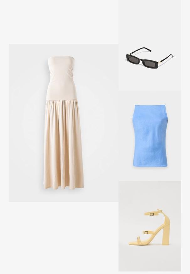Lys blå ærmeløs top lavet af glat stof. Har et tætsiddende design med en lige udskæring og ingen synlige sømme eller udsmykninger.; Beige stropløs maxikjole med tætsiddende overdel og en flydende, sammenkrøllet nederdel, lavet af blødt stof, der har en glat tekstur throughout.; Gule blokhælede sandaler med tre justerbare remme, firkantet tådesign, glat syntetisk materiale og sølvfarvede spænder.; Sorte rektangulære solbriller med mørke linser, glansfulde plastikstel og guld accenter på stængerne. Minimalistisk design og slank form.