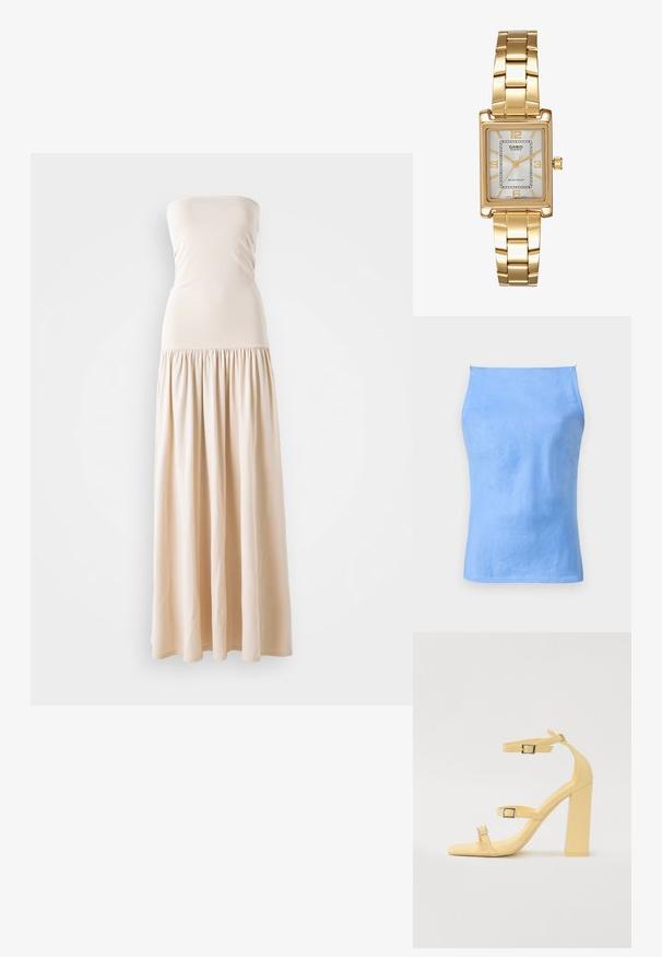 Ανοιχτό μπλε τι-shirt χωρίς μανίκια, κατασκευασμένο από λείο ύφασμα. Διαθέτει εφαρμοστή σχεδίαση με ίσια λαιμόκοψη και χωρίς ορατές ραφές ή διακοσμήσεις.; Μπεζ μακριά φόρεμα χωρίς τιράντες, με εφαρμοστά μπούστο και ρέουσα φούστα, κατασκευασμένο από μαλακό ύφασμα, που έχει ομαλή υφή σε όλη του την έκταση.; Κίτρινα σανδάλια με τακούνι μπλοκ, τρεις ρυθμιζόμενες λουρίδες, τετράγωνο σχέδιο στο κάλυμμα του ποδιού, λεία συνθετική ύλη και ασημί αγκράφες.; Ρολόι χειρός σε χρυσή απόχρωση με ορθογώνια μορφή, λευκό καντράν, ασημί χαρακτήρες ωρών και ανθεκτική μπρασελέ από μέταλλο. Διαθέτει χαρακτηριστικά αντοχής στο νερό.