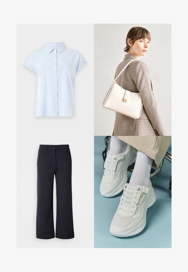 Camisa de botão de manga curta em azul claro e listras brancas. O tecido tem uma textura suave; apresenta um colarinho clássico e um corte descontraído.; Calças largas de tecido azul marinho escuro. Apresentam uma frente lisa, passantes para cinto e bolsos laterais. O material é suave com um ligeiro alongamento.; Tênis brancos com material em rede, sola de borracha, design sem atacadores com faixas elásticas e detalhes em tom dourado.; Bolsa de mão em couro branco com um design estruturado, apresentando um fecho magnético e uma alça de ombro, exibida sobre um fundo neutro.