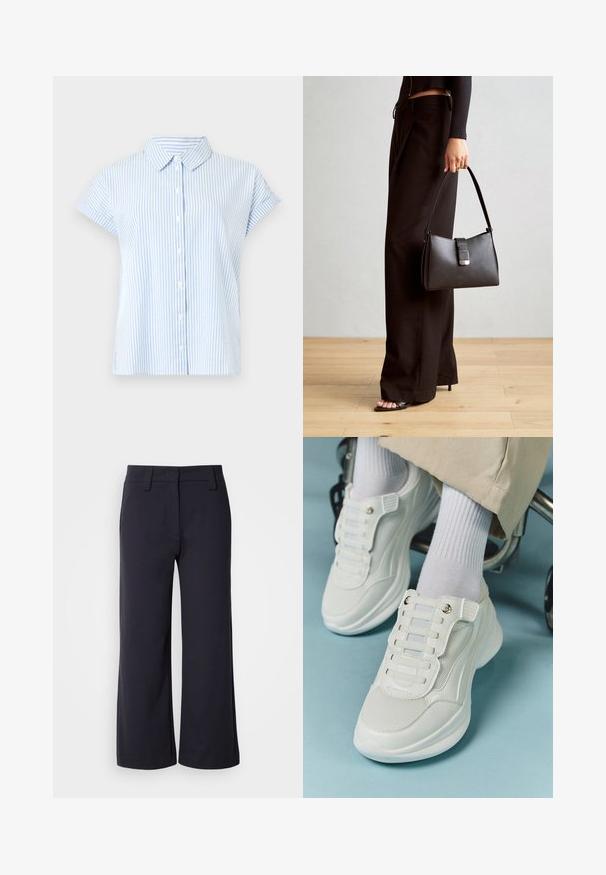 Short-sleeve button-up shirt in light blue and white stripes. Fabric has a smooth texture; features a classic collar and relaxed fit.; Wide-leg trousers in dark navy fabric. Features a flat front, belt loops, and side pockets. The material is smooth with a slight stretch.; White sneakers featuring a mesh material, rubber sole, lace-free design with elastic bands, and gold-toned accents.; Black handbag with structured shape, smooth texture, and a metallic clasp. Paired with wide black pants and open-toe sandals on wooden floor.