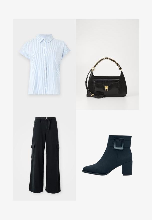 Short-sleeve button-up shirt in light blue and white stripes. Fabric has a smooth texture; features a classic collar and relaxed fit.; Black wide-leg cargo pants made of cotton with a tie belt, featuring two side pockets and a smooth fabric texture.; Black suede ankle boot with a square toe and a wide block heel. Features a wide strap with a rectangular buckle detail.; Black leather handbag with a textured finish, gold hardware, a front pocket, and a chain-accented handle. Adjustable shoulder strap included.