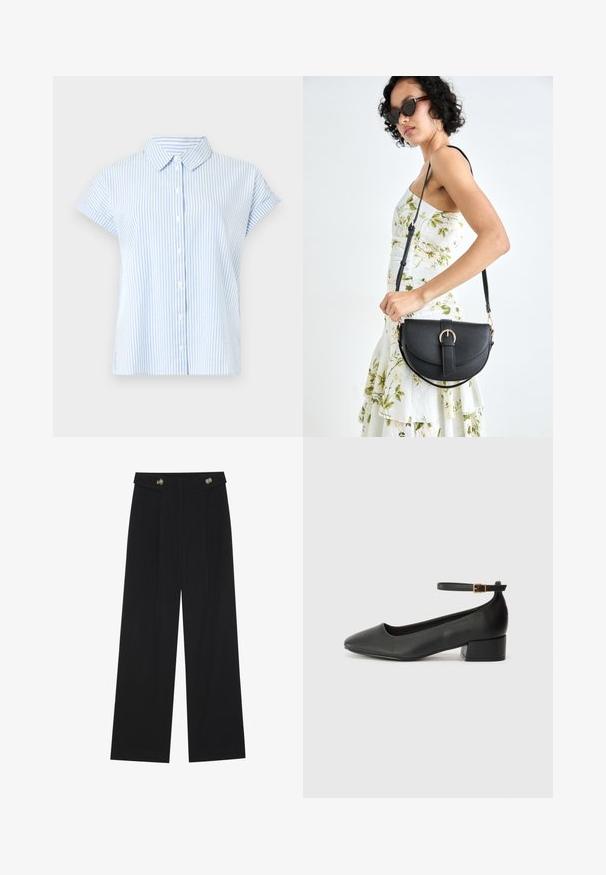 Short-sleeve button-up shirt in light blue and white stripes. Fabric has a smooth texture; features a classic collar and relaxed fit.; Black wide-leg trousers with high waist, button details on waistband, and front pleats.; Black leather pump with a pointed toe and a low block heel. Features an ankle strap with a gold-tone buckle. Smooth texture.; Black leather handbag with a curved shape, detachable strap, and gold hardware. The bag features a flap with a buckle detail.