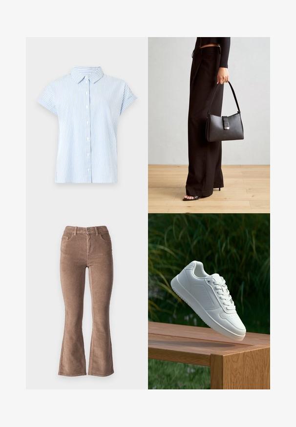 Short-sleeve button-up shirt in light blue and white stripes. Fabric has a smooth texture; features a classic collar and relaxed fit.; Brown corduroy flared pants with a ribbed texture, featuring a high waist, five pockets, and a front button closure.; White sneaker with a smooth synthetic upper, perforated toe box, flat laces, and a textured sole, displayed on a wooden surface.; Black handbag with structured shape, smooth texture, and a metallic clasp. Paired with wide black pants and open-toe sandals on wooden floor.