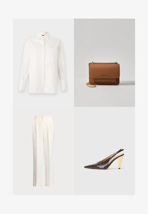 Biela košeľa s dlhým rukávom z bavlny, s klasickým golierom, jedným vreckom na hrudi a gombíkmi na manžetách. Hladká textura, rovný strih.; Polo Ralph Lauren HEMP WIDE LEG PANT - Nohavice - nevis; Sandal s pointer špičkou a elastickým pásikom na päte v tmavohnedej lesklej imitácii krokodílej kože. Obsahuje zlatý geometrický podpätok a nastaviteľný pásik na členku.; Hnedá textúrovaná kožená taška cez telo s zlatým reťazovým popruhom a preklopným uzáverom. Predná strana obsahuje detail s logom a vrecko pod preklopkou.