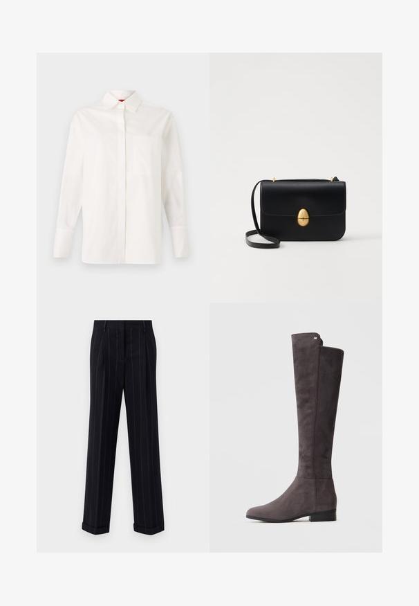 Cămașă albă cu mâneci lungi din bumbac, având un guler clasic, un buzunar pe piept și manșete cu buton. Textură netedă, croi drept.; Pantaloni negri cu dungi, cu o croială adaptată, având o tivă cu manșetă și pliuri frontale. Construiți dintr-un material neted cu un design structurat.; Botă de piele suede gri închis, până la genunchi, cu toc mic și logo metalic subtil aproape de vârf, pe un fundal deschis simplu.; Geantă de mână din piele neagră, cu o formă rectangulară structurată. Are un capac oval auriu și o curea subțire pentru umăr. Textură netedă.