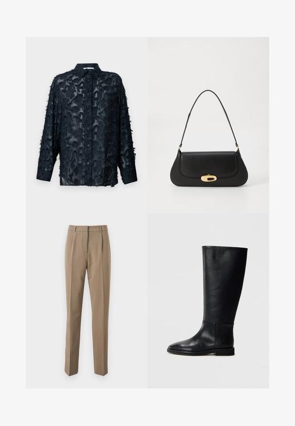 Czarna przezroczysta koszula z teksturowanym wzorem, z klasycznym kołnierzykiem, długimi rękawami i zapięciem na guziki. Krawędzie wykończone są postrzępieniem.; Brązowe spersonalizowane spodnie uszyte z gładkiego materiału, z prostymi nogawkami, plisami z przodu oraz pasem z pętelkami na pasek.; Czarne skórzane kozaki za kolano z zaokrąglonym noskiem, gładką teksturą, minimalistycznym designem i płaską podeszwą. Proste detale szwów na cholewie.; Czarna skórzana torebka o zaokrąglonym kształcie, z metalowymi elementami w kolorze złotym i górnym uchwytem. Posiada eleganckie zapięcie i gładką fakturę.