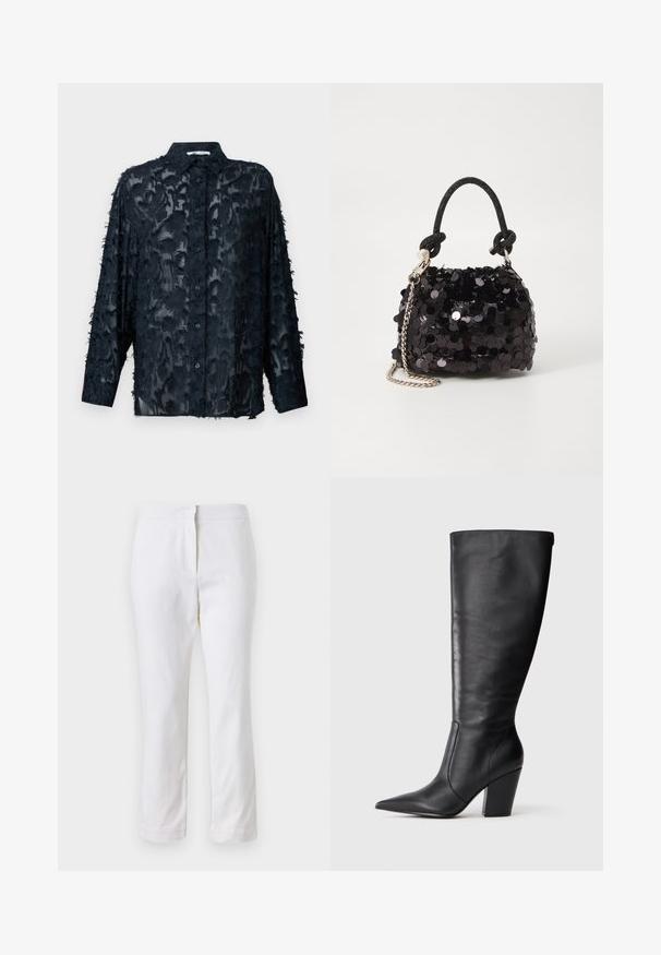 Camicia nera trasparente con un motivo testurizzato, dotata di colletto classico, maniche lunghe e chiusura con bottoni. I bordi presentano dettagli sfilacciati.; Pantaloni bianchi in cotone con design a gamba dritta, caratterizzati da una vita a media altezza e senza hardware o motivi visibili. Tessuto liscio su tutta la superficie.; Stivale in pelle nera al ginocchio con punta affilata e tacco alto spesso, mostrato in profilo laterale sinistro su sfondo bianco.; Mini borsa a tracolla nera in paillettes con una tracolla texturizzata annodata e catena argentata. Forma rotonda con parte superiore arricciata e dettagli riflettenti.